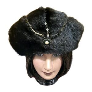 RARE Vintage 1960s Women Brown Mink Fur Pillbox Beret Jeweled Hat Luxury Winter